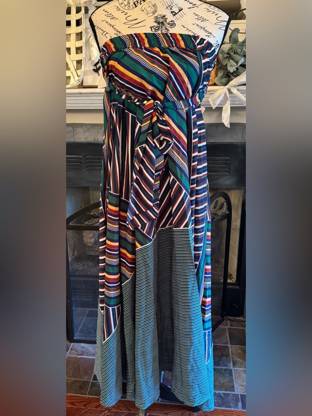 Mixed Stripe Convertible Maxi Dress Skirt Smocked Boho Festival Green Blue Flowy